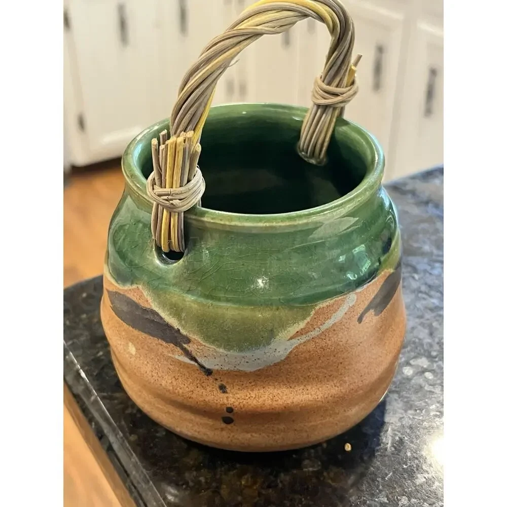 Studio Art Pottery Bowl With Bamboo Handle Smoky Mountains Gatlinburg TN
